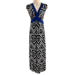 En Focus Black White Blue Chevron Geometric Print Maxi Dress Size 14W 1X Plus Sz